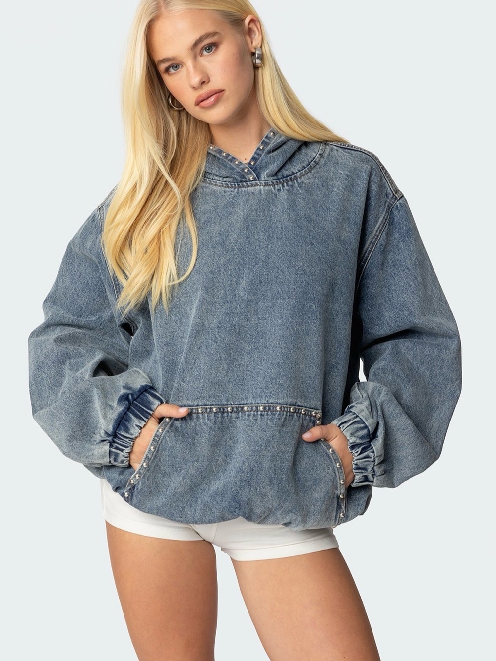 Edikted Washed Blue Denim Studded Hooded Pullover